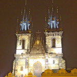Prague square church at night